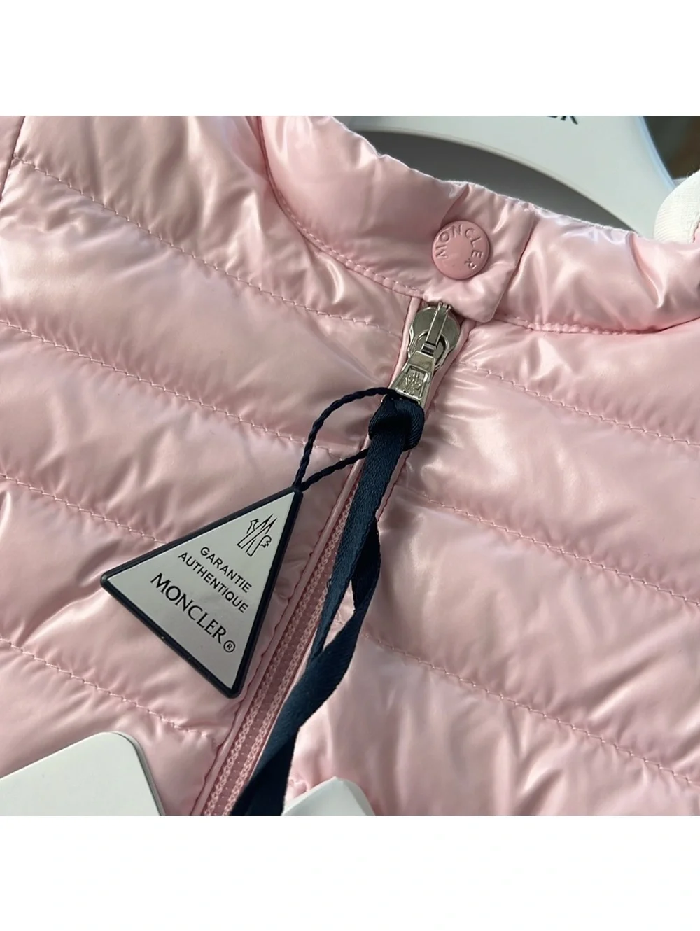 MONCLER Paulas Down Logo-Patch Sleeve Jacket, Pink Girl’s Size 6-9M New w/Tag